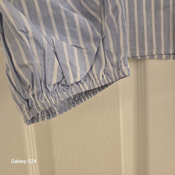 Blue&White Striped Croped Button Up Puff Sleeve 100% Cotton Blouse SZ XL - Picture 6 of 11